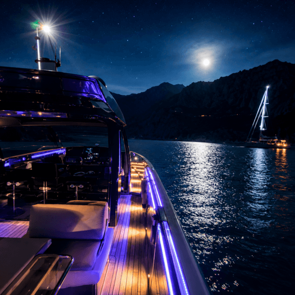 BLACK SHEEP – Fjord 42 Open 2 BLACK SHEEP anchored at Cala Tuent after sunset