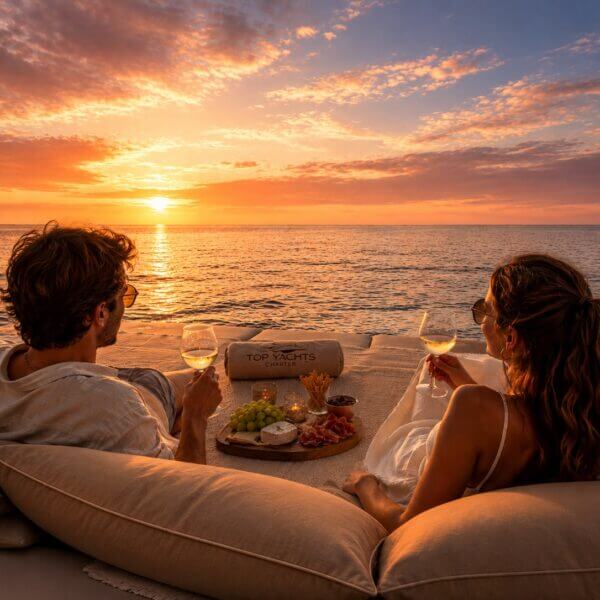 BLACK SHEEP – Fjord 42 Open 5 Couple enjoying sunset aboard BLACK SHEEP at Cala Tuent