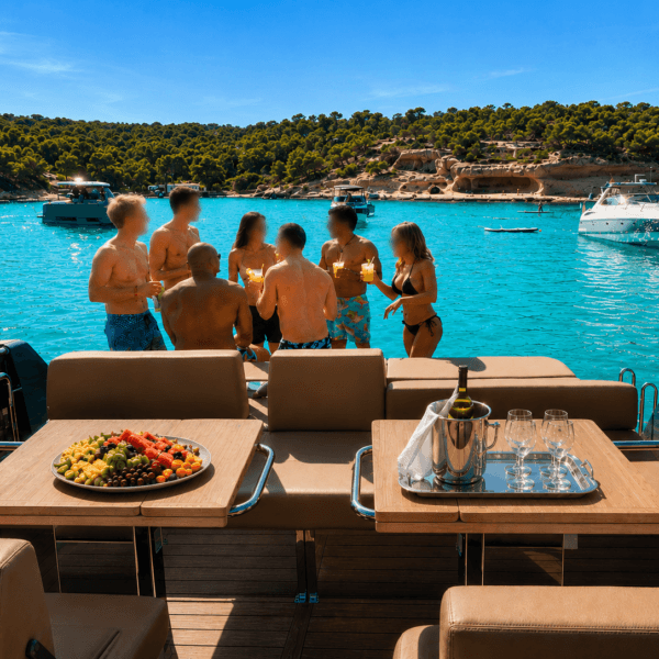 BLACK SHEEP – Fjord 42 Open 10 Guests relaxing on the spacious swim platform of BLACK SHEEP