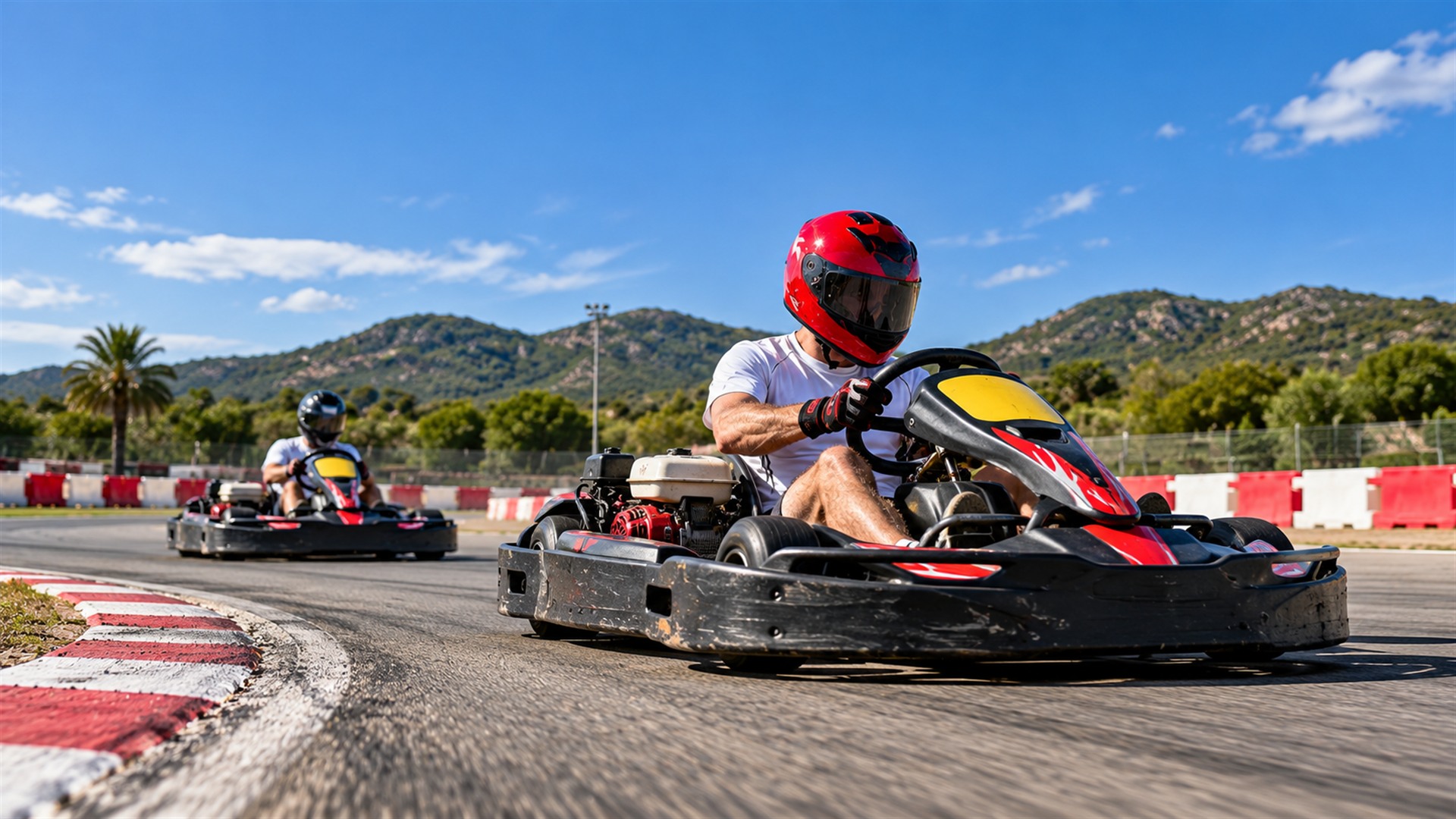 Go-kart drivers racing at the JoyRon charity event in Magaluf, Mallorca
