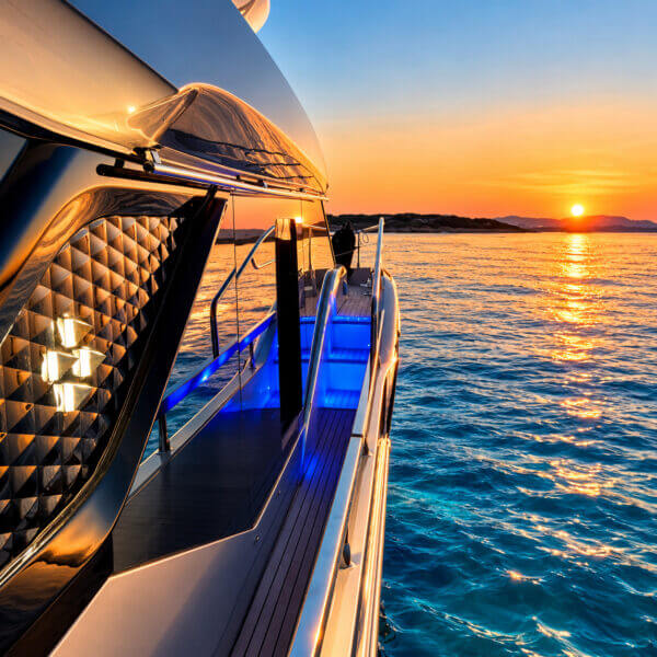 LA FAMILIA – Prestige 4.9 Flybridge 1 LA FAMILIA Prestige 4.9 illuminated side deck at sunset
