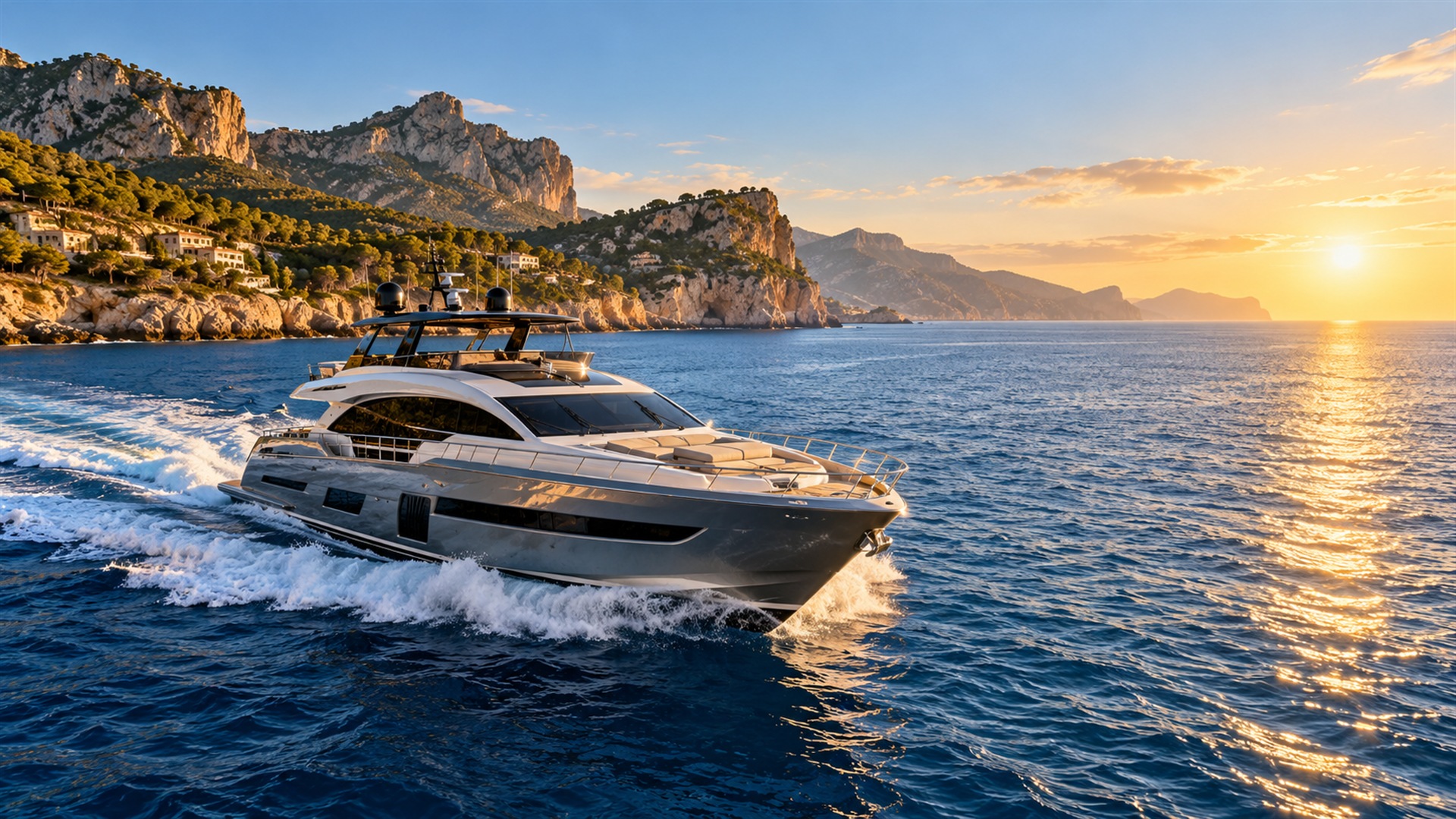 Mallorca yacht charter aboard a luxury motor yacht at sunrise
